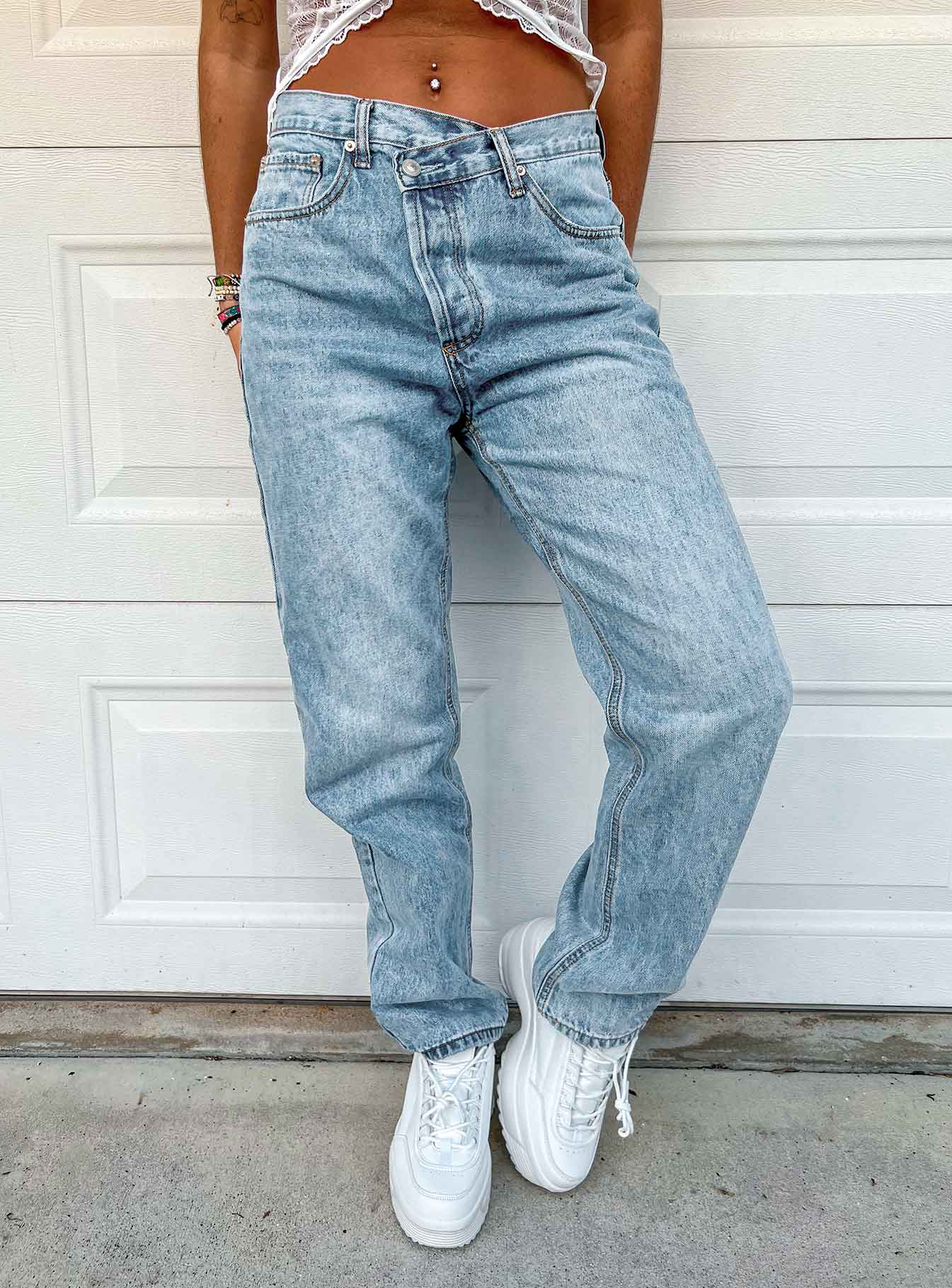 Holly Asymmetric Straight Leg Jean Light Wash Denim Petite