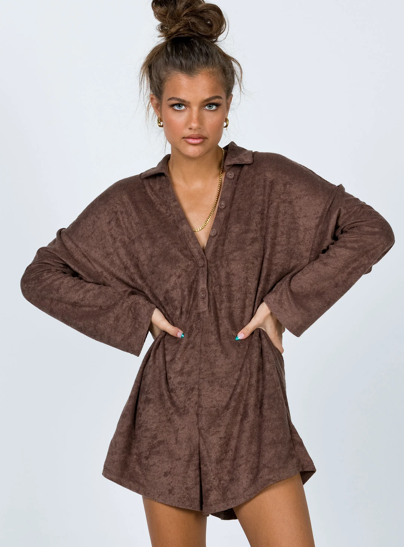 Kegan Long Sleeve Romper Camel