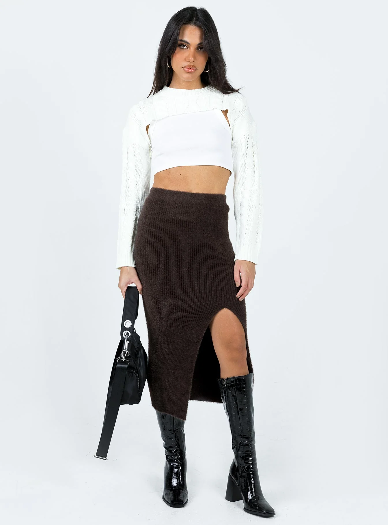 Ella Brooke Knit Midi Skirt Brown