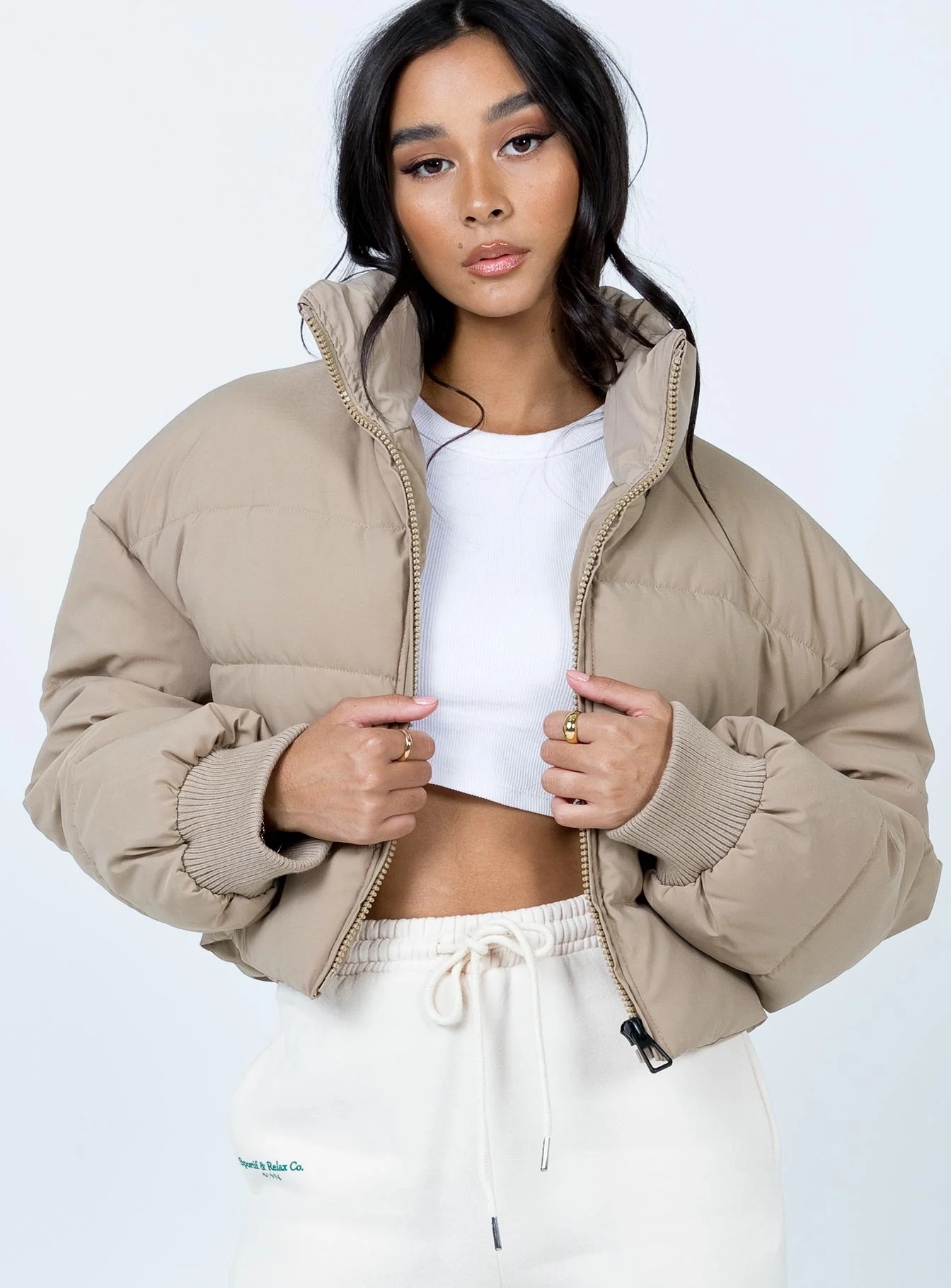 Recycled Fibers Georgia Cropped Puffer Jacket Beige