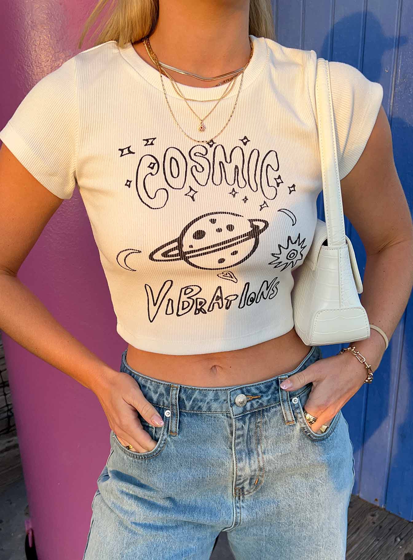 Cosmic Vibrations Cropped Tee White