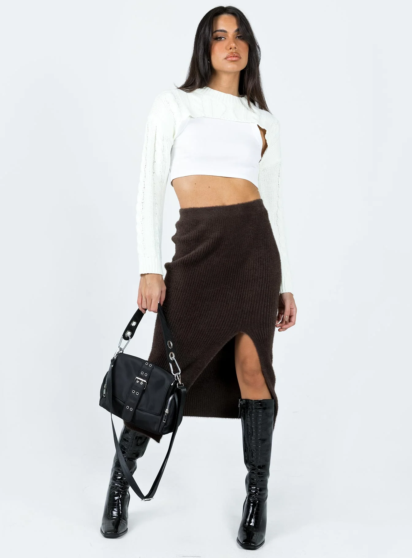 Ella Brooke Knit Midi Skirt Brown