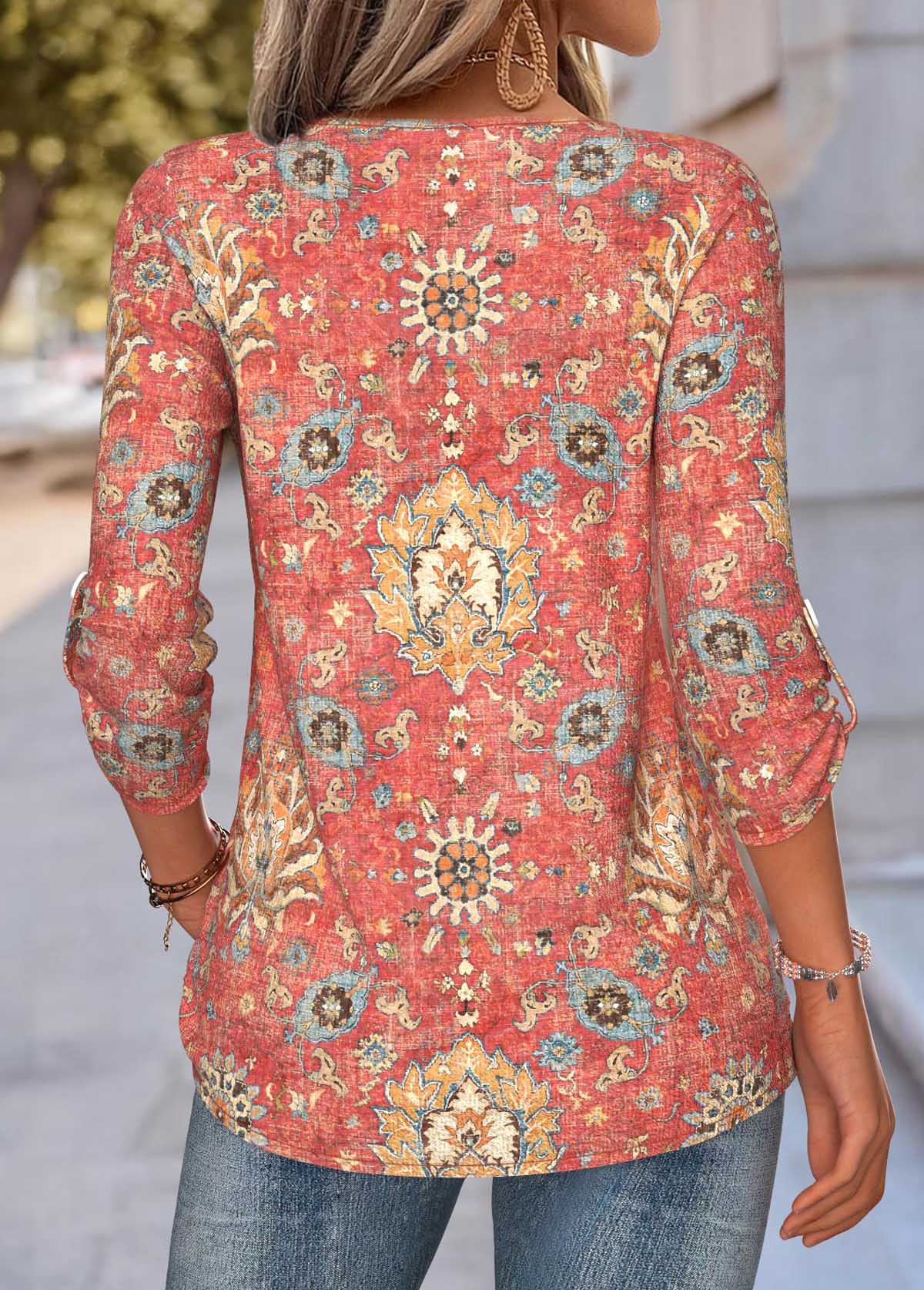 Coral Tummy Coverage Tribal Print Long Sleeve Blouse