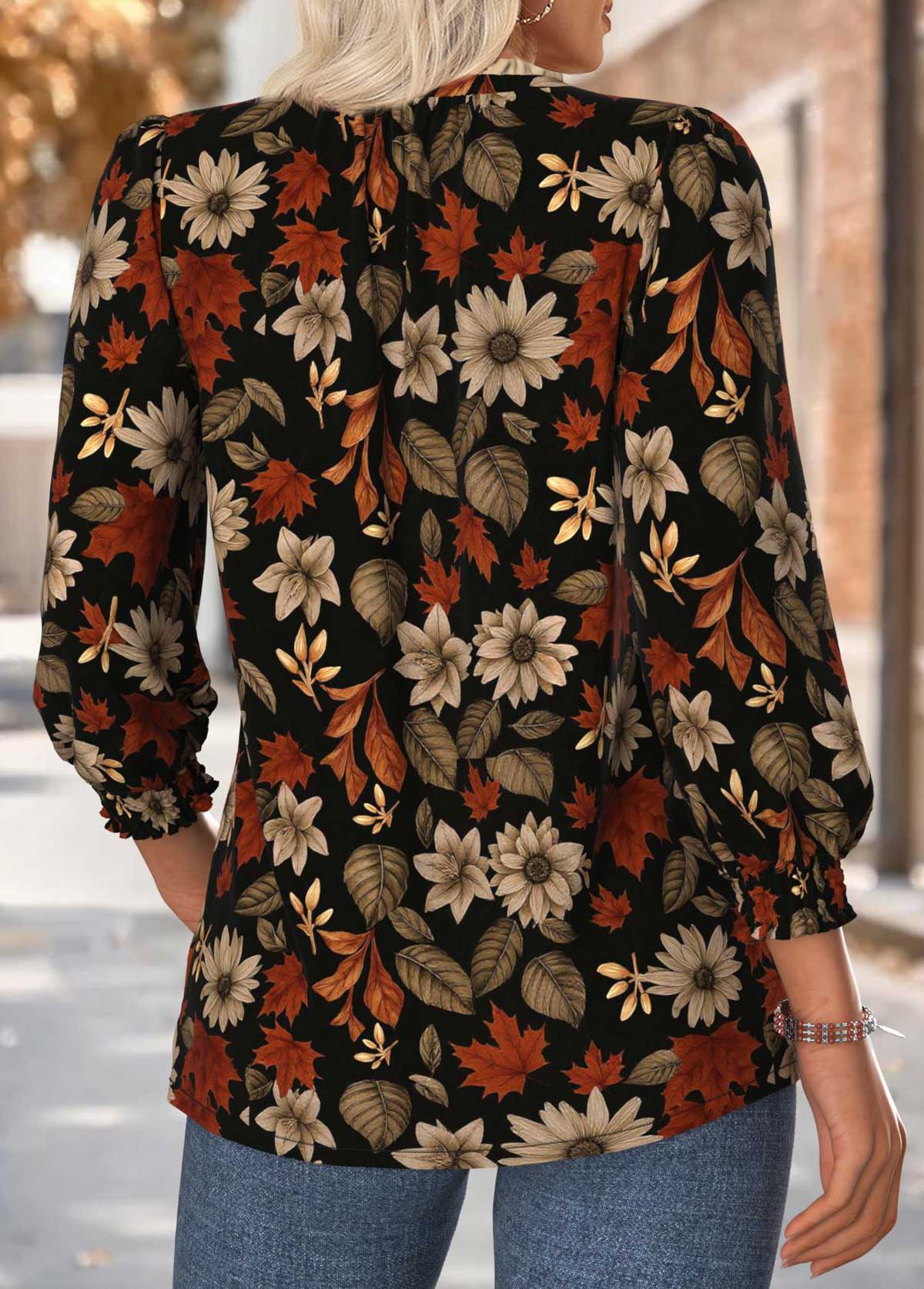 Black Tummy Coverage Floral Print Long Sleeve Blouse